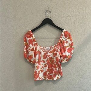 Sienna Sky Smocked Puff Sleeve Blouse in Orange and White SIZE M